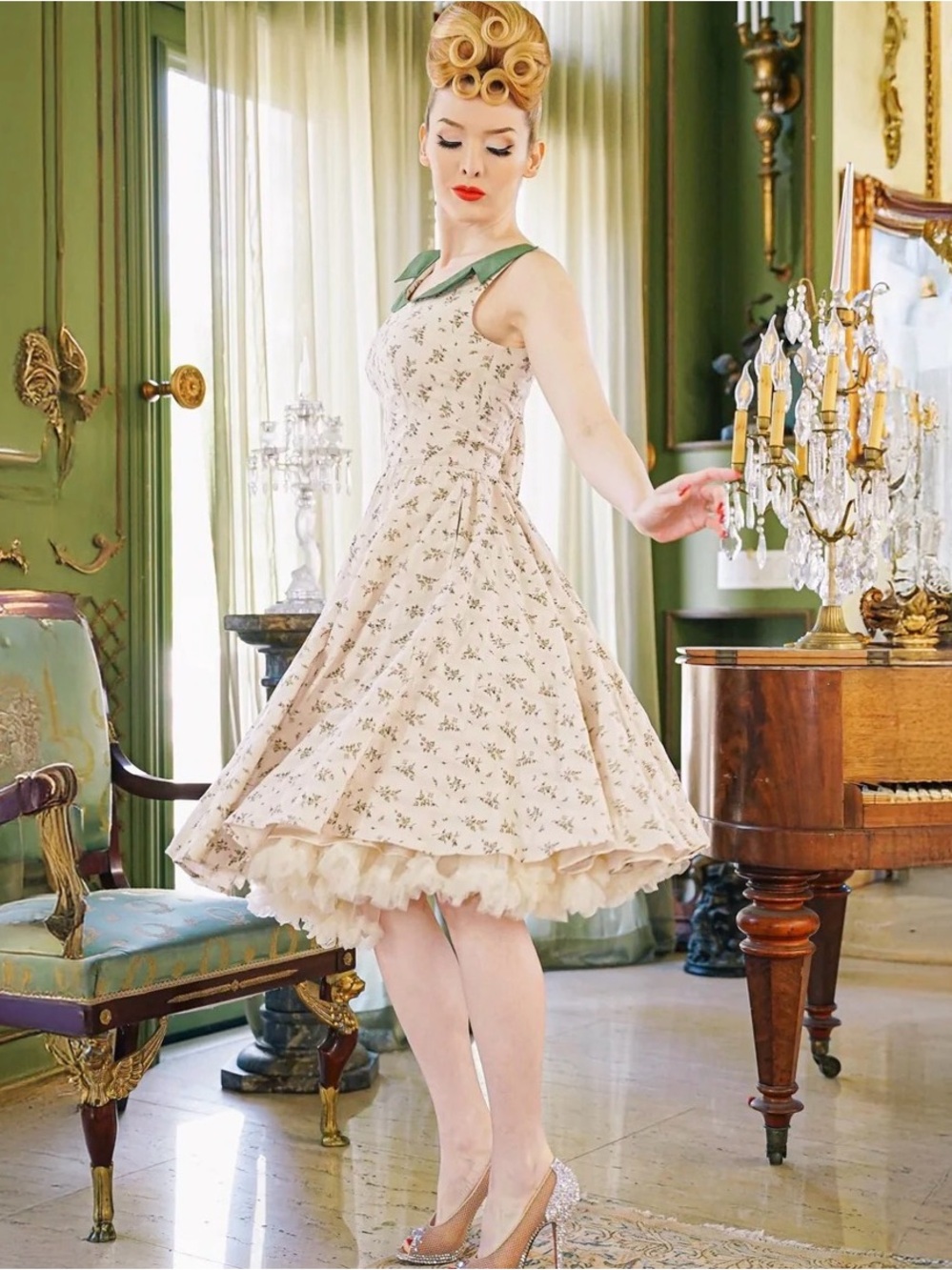 Tatyana Elizabeth Circle Dress - Cream Floral Dress with Green Collar